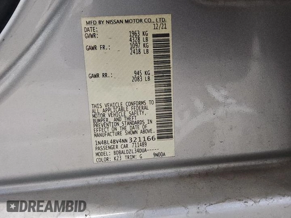 2022 Nissan Altima S with VIN 1N4BL4BV4NN321166, listed as a Copart auction lot 57902915 with 98,817 mi miles and Clean title. Bid and sale history available at DreamBid. Image 12.