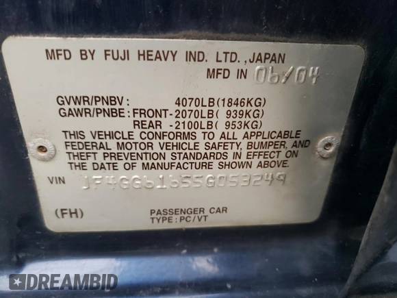 2005 Saab 9-2X Linear z VIN JF4GG61655G053249, wystawiony jako Copart lot #75904134 z przebiegiem 146 613 mil mil oraz Szkody całkowita. Historia ofert i sprzedaży dostępna na DreamBid. Obrazek 13.