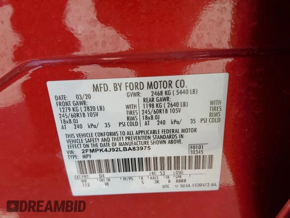 2020 Ford Edge SEL with VIN 2FMPK4J92LBA83975, listed as a Copart auction lot 59392145 with 43,589 mi miles and Salvage title. Bid and sale history available at DreamBid. Image 13.