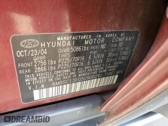 2005 Hyundai Santa Fe GLS with VIN KM8SC13E05U900292, listed as a Copart auction lot 72005604 with 121,849 mi miles and Salvage Title. Bid and sale history available at carsss.com. Image 15.