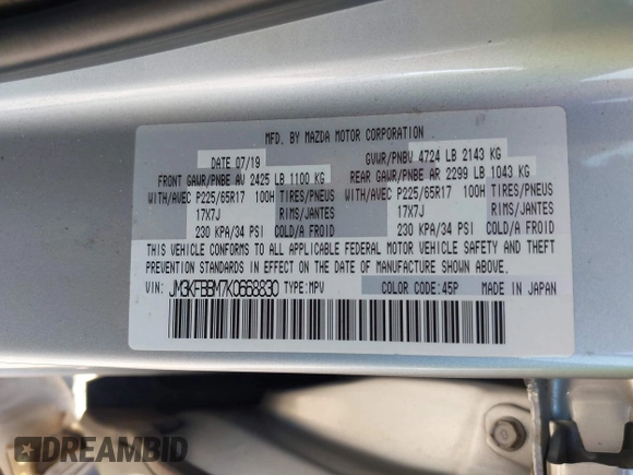 2019 Mazda CX-5 Sport with VIN JM3KFBBM7K0668830, listed as a IAAI auction lot 42069505 with Not Provided miles and . Bid and sale history available at DreamBid. Image 9.