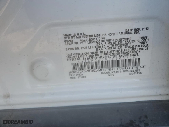 2013 Mitsubishi Outlander Sport ES with VIN 4A4AR3AU5DE009730, listed as a Copart auction lot 45879075 with 127,717 mi miles and Salvage Title. Bid and sale history available at carsss.com. Image 12.