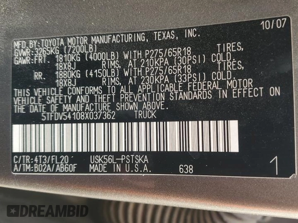 2008 Toyota Tundra z VIN 5TFDV54108X037362, wystawiony jako Copart lot #53732435 z przebiegiem 199 711 mil mil oraz Szkoda całkowita • Salvage title. Historia ofert i sprzedaży dostępna na DreamBid. Obrazek 14.