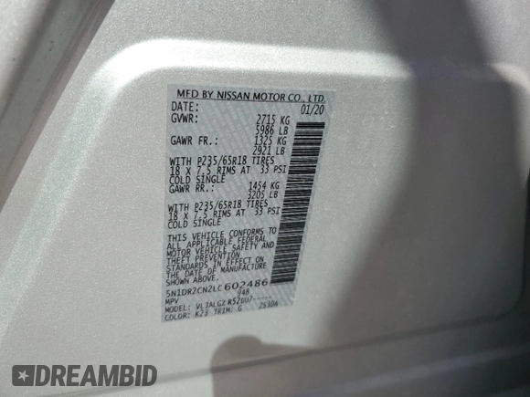 2020 Nissan Pathfinder SL with VIN 5N1DR2CN2LC602486, listed as a Copart auction lot 50921655 with 112,934 mi miles and Non Repairable. Bid and sale history available at carsss.com. Image 16.