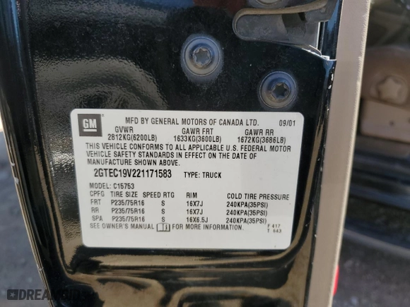 2002 GMC Sierra 1500 SLE with VIN 2GTEC19V221171583, listed as a Copart auction lot 46748355 with 197,932 mi miles and Salvage Title. Bid and sale history available at carsss.com. Image 13.