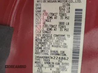 2007 Nissan Titan XE z VIN 1N6AA06B47N224862, wystawiony jako Copart lot #59058125 z przebiegiem 150 574 mil mil oraz Szkoda całkowita • Salvage title. Historia ofert i sprzedaży dostępna na DreamBid. Obrazek 12.