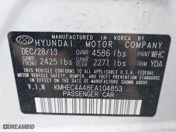 2014 Hyundai Sonata Hybrid with VIN KMHEC4A48EA104853, listed as a IAAI auction lot 41527002 with 130,853 mi miles. Bid and sale history available at carsss.com. Image 9.