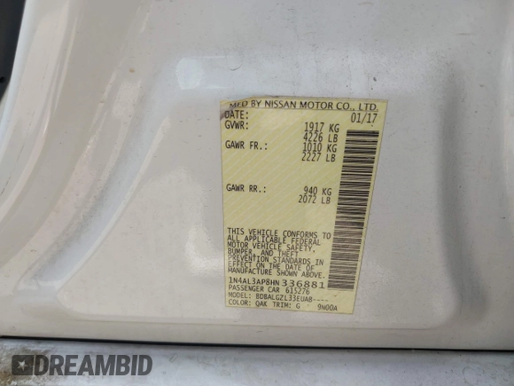 2017 Nissan Altima S with VIN 1N4AL3AP8HN336881, listed as a IAAI auction lot 42152489 with 94,313 mi miles and . Bid and sale history available at DreamBid. Image 9.