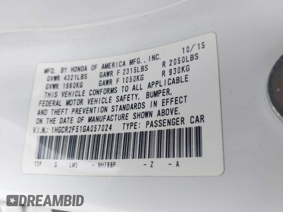2016 Honda Accord Sport with VIN 1HGCR2F51GA057024, listed as a IAAI auction lot 42455009 with 106,420 mi miles and . Bid and sale history available at DreamBid. Image 9.