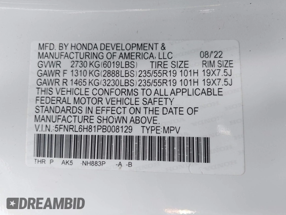 2023 Honda Odyssey Touring with VIN 5FNRL6H81PB008129, listed as a IAAI auction lot 41610714 with 57,273 mi miles and . Bid and sale history available at DreamBid. Image 9.