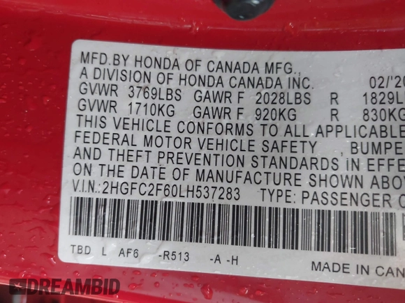 2020 Honda Civic LX with VIN 2HGFC2F60LH537283, listed as a IAAI auction lot 42200465 with 86,191 mi miles and . Bid and sale history available at DreamBid. Image 9.