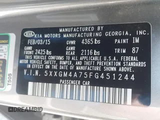 2015 Kia Optima LX with VIN 5XXGM4A75FG451244, listed as a IAAI auction lot 42582899 with 109,152 mi miles and . Bid and sale history available at DreamBid. Image 9.