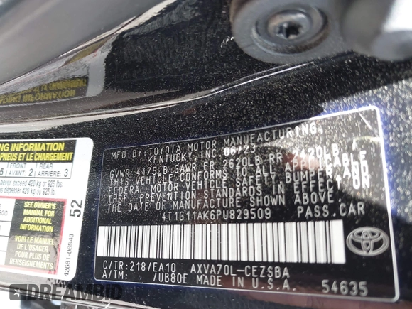2023 Toyota Camry SE with VIN 4T1G11AK6PU829509, listed as a IAAI auction lot 42009085 with 35,864 mi miles and . Bid and sale history available at DreamBid. Image 9.