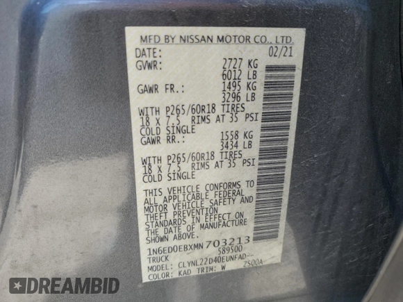 2021 Nissan Frontier SV с VIN 1N6ED0EBXMN703213, выставлен на аукционе Copart как лот 55321965 с пробегом 29 768 миль миль и Списание • Salvage title. История ставок и продаж доступна на DreamBid. Изображение 12.
