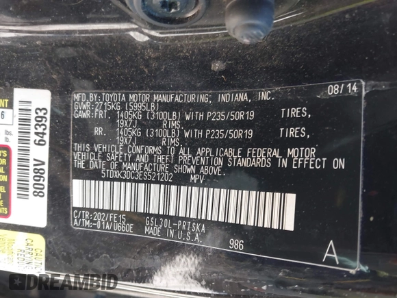 2014 Toyota Sienna SE with VIN 5TDXK3DC3ES521202, listed as a IAAI auction lot 41579320 with 182,982 mi miles and . Bid and sale history available at DreamBid. Image 9.