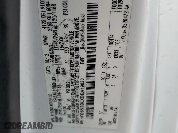 2013 Ford Econoline Passenger XL with VIN 1FBSS3BLXDDA19833, listed as a Copart auction lot 54133245 with 224,074 mi miles and Non repairable. Bid and sale history available at DreamBid. Image 16.