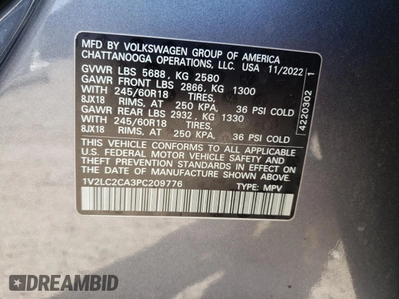 2023 Volkswagen Atlas SE с VIN 1V2LC2CA3PC209776, выставлен на аукционе Copart как лот 73161954 с пробегом Не указан миль и Списание • Salvage title. История ставок и продаж доступна на DreamBid. Изображение 13.