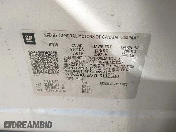 2020 Chevrolet Equinox LT with VIN 2GNAXUEV7L6111580, listed as a IAAI auction lot 41830060 with 96,968 mi miles and . Bid and sale history available at DreamBid. Image 9.