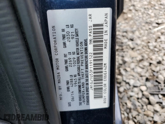 2015 Mazda 6 i Sport with VIN JM1GJ1U53F1191522, listed as a Copart auction lot 49593325 with 69,257 mi miles and Salvage Title. Bid and sale history available at carsss.com. Image 12.