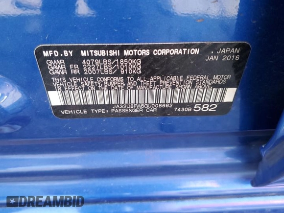 2016 Mitsubishi Lancer GT with VIN JA32U8FW6GU008662, listed as a Copart auction lot 73247264 with 57,840 mi miles and Salvage Title. Bid and sale history available at DreamBid. Image 13.