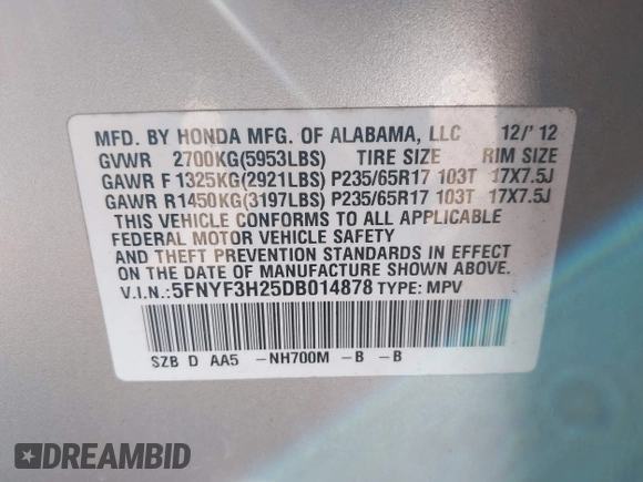 2013 Honda Pilot LX with VIN 5FNYF3H25DB014878, listed as a IAAI auction lot 42014613 with 169,292 mi miles and . Bid and sale history available at DreamBid. Image 9.