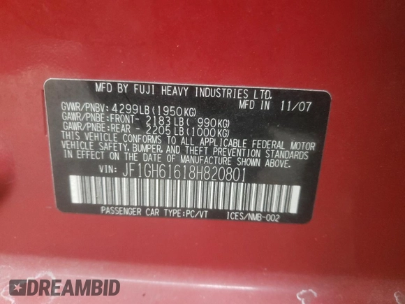 2008 Subaru Impreza Wagon (Natl) i with VIN JF1GH61618H820801, listed as a Copart auction lot 41467285 with 172,427 mi miles and Salvage Title. Bid and sale history available at carsss.com. Image 14.