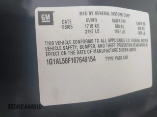 2006 Chevrolet Cobalt LT z VIN 1G1AL58F167649154, wystawiony jako IAAI lot #42305888 z przebiegiem 125 697 mil mil oraz . Historia ofert i sprzedaży dostępna na DreamBid. Obrazek 9.