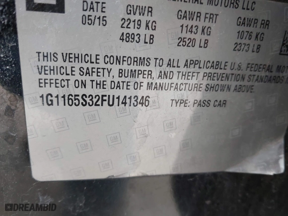 2015 Chevrolet Impala LTZ with VIN 1G1165S32FU141346, listed as a IAAI auction lot 41681418 with 146,823 mi miles. Bid and sale history available at carsss.com. Image 9.