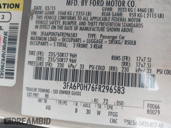 2015 Ford Fusion SE with VIN 3FA6P0H76FR296583, listed as a IAAI auction lot 41917464 with 232,978 mi miles. Bid and sale history available at carsss.com. Image 9.