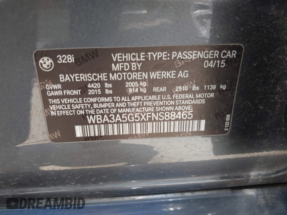 2015 BMW 3 Series 328i с VIN WBA3A5G5XFNS88465, выставлен на аукционе IAAI как лот 42676570 с пробегом 125 139 миль миль и . История ставок и продаж доступна на DreamBid. Изображение 9.