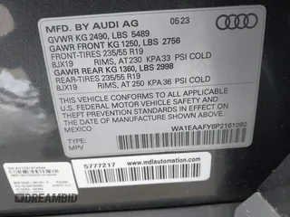 2023 Audi Q5 S line Premium Plus z VIN WA1EAAFY6P2161080, wystawiony jako IAAI lot #41282613 z przebiegiem 20 268 mil mil oraz . Historia ofert i sprzedaży dostępna na DreamBid. Obrazek 9.