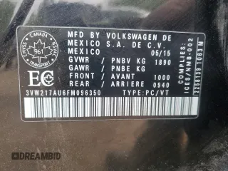 2015 Volkswagen Golf TSI S с VIN 3VW217AU6FM096350, выставлен на аукционе Copart как лот 58926735 с пробегом 176 518 миль миль и Списание • Salvage title. История ставок и продаж доступна на DreamBid. Изображение 13.