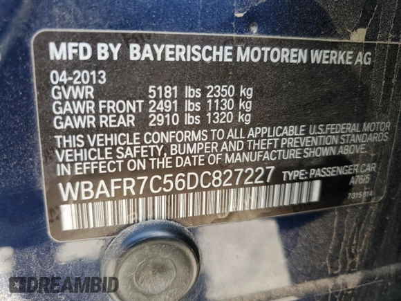 2013 BMW 5 Series 535i with VIN WBAFR7C56DC827227, listed as a Copart auction lot 50571785 with 104,128 mi miles and Clean Title. Bid and sale history available at DreamBid. Image 12.