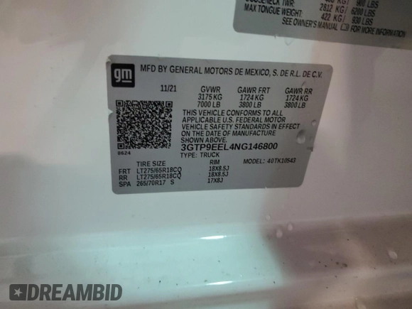 2022 GMC Sierra 1500 AT4 with VIN 3GTP9EEL4NG146800, listed as a Copart auction lot 55836695 with 71,766 mi miles and Salvage title. Bid and sale history available at DreamBid. Image 12.