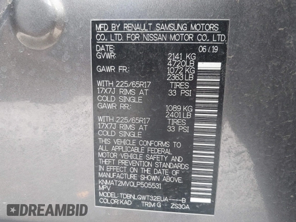 2020 Nissan Rogue S with VIN KNMAT2MV0LP505531, listed as a IAAI auction lot 42215040 with 68,833 mi miles and . Bid and sale history available at DreamBid. Image 9.