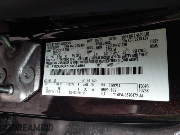 2013 Ford Escape SE с VIN 1FMCU0GX5DUC84594, выставлен на аукционе IAAI как лот 42218059 с пробегом 97 670 миль миль и . История ставок и продаж доступна на DreamBid. Изображение 9.