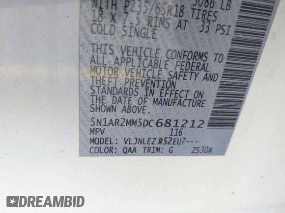 2013 Nissan Pathfinder Platinum с VIN 5N1AR2MM5DC681212, выставлен на аукционе IAAI как лот 42332675 с пробегом 140 047 миль миль и . История ставок и продаж доступна на DreamBid. Изображение 9.