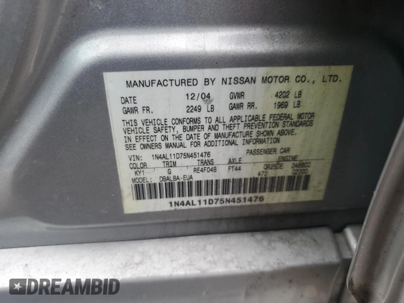 2005 Nissan Altima 2.5 with VIN 1N4AL11D75N451476, listed as a Copart auction lot 51479015 with 232,207 mi miles and Salvage Title. Bid and sale history available at carsss.com. Image 12.