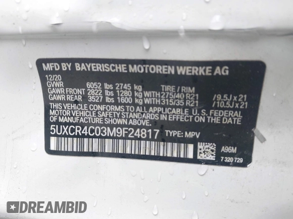 2021 BMW X5 sDrive40i with VIN 5UXCR4C03M9F24817, listed as a IAAI auction lot 41512172 with 54,867 mi miles. Bid and sale history available at carsss.com. Image 9.