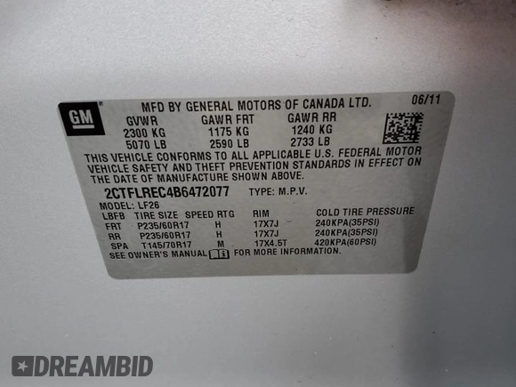2011 GMC Terrain SLE-1 z VIN 2CTFLREC4B6472077, wystawiony jako Copart lot #52306745 z przebiegiem 150 693 mil mil oraz Szkoda całkowita • Salvage title. Historia ofert i sprzedaży dostępna na DreamBid. Obrazek 13.