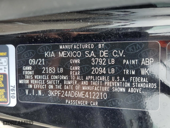 2021 Kia Forte LXS with VIN 3KPF24AD6ME412210, listed as a Copart auction lot 56917444 with 27,144 mi miles and Salvage Title. Bid and sale history available at carsss.com. Image 15.