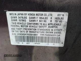 2016 Honda Fit EX with VIN JHMGK5H7XGS013097, listed as a IAAI auction lot 42290807 with 62,352 mi miles and . Bid and sale history available at DreamBid. Image 9.