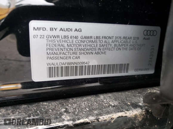 2022 Audi A8 with VIN WAULDAF88NN009542, listed as a Copart auction lot 82178363 with Not provided miles and Clean title. Bid and sale history available at DreamBid. Image 12.