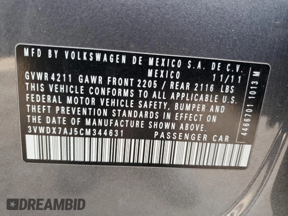 2012 Volkswagen Jetta SE with VIN 3VWDX7AJ5CM344631, listed as a Copart auction lot 49895435 with 176,922 mi miles and Salvage title. Bid and sale history available at DreamBid. Image 13.