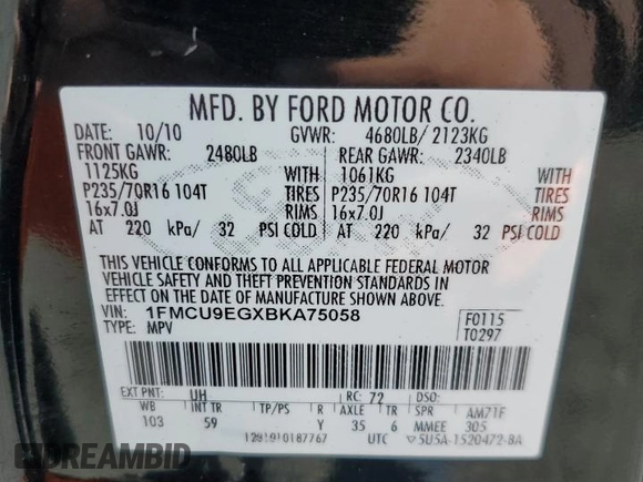 2011 Ford Escape Limited with VIN 1FMCU9EGXBKA75058, listed as a Copart auction lot 51312665 with 121,220 mi miles and Salvage Title. Bid and sale history available at DreamBid. Image 13.
