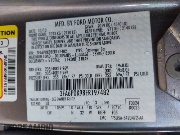 2014 Ford Fusion Titanium with VIN 3FA6P0K98ER197482, listed as a IAAI auction lot 42251293 with 165,520 mi miles and . Bid and sale history available at DreamBid. Image 9.