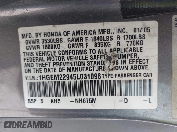 2005 Honda Civic Cpe EX with VIN 1HGEM22945L031096, listed as a IAAI auction lot 41741003 with 208,008 mi miles. Bid and sale history available at carsss.com. Image 9.