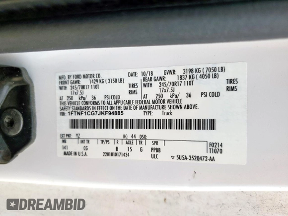 2018 Ford F-150 XL with VIN 1FTNF1CG7JKF94885, listed as a Copart auction lot 58543335 with 69,549 mi miles and Clean title. Bid and sale history available at DreamBid. Image 12.