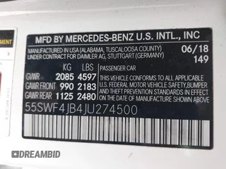 2018 Mercedes-Benz C 300 with VIN 55SWF4JB4JU274500, listed as a IAAI auction lot 41996236 with 75,903 mi miles and . Bid and sale history available at carsss.com. Image 9.