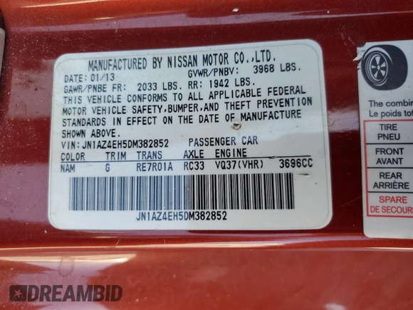 2013 Nissan 370Z with VIN JN1AZ4EH5DM382852, listed as a Copart auction lot 51109385 with 106,940 mi miles and Salvage Title. Bid and sale history available at carsss.com. Image 14.